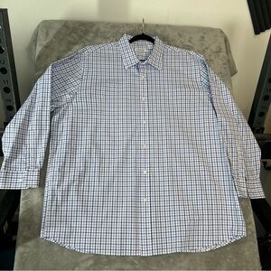 HAGGAR Shirt Men's 18-18 1/2 34/35 Blue Plaid Long Sleeve Button-Up Classic Fit